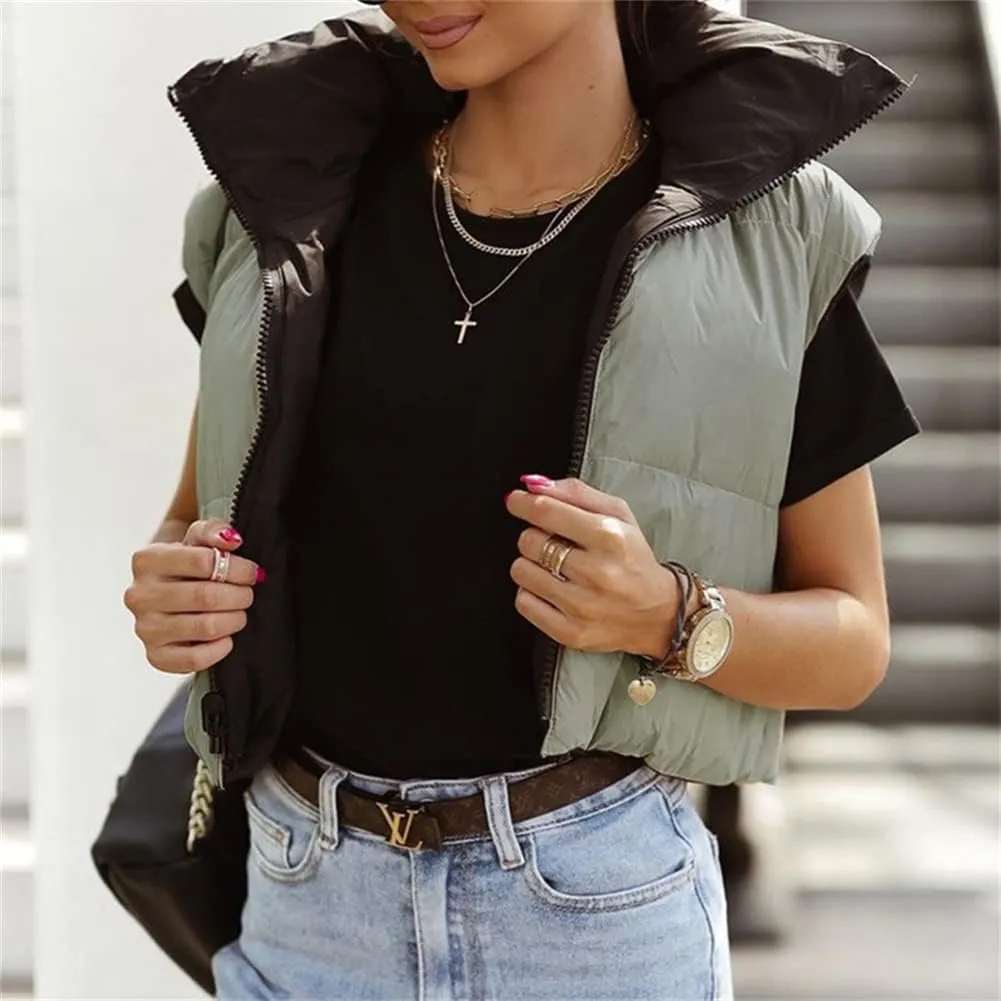 HOULENGS Women's Stand Collar Reversible Crop Padded Vest Coat Sleeveless Zip Up Puffer Gilet Outerwear