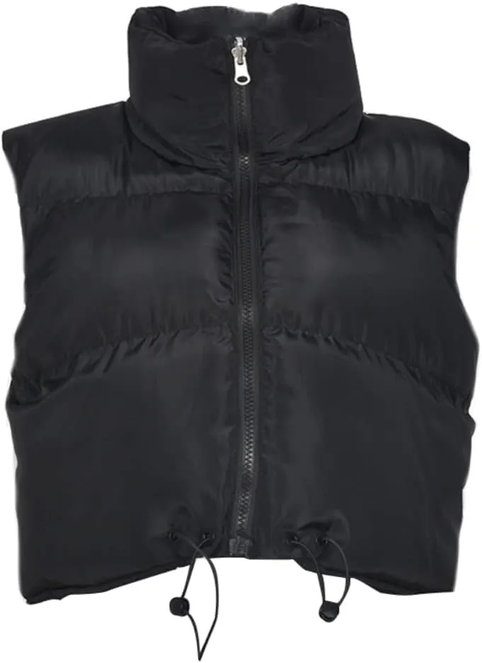 HOULENGS Women's Stand Collar Reversible Crop Padded Vest Coat Sleeveless Zip Up Puffer Gilet Outerwear
