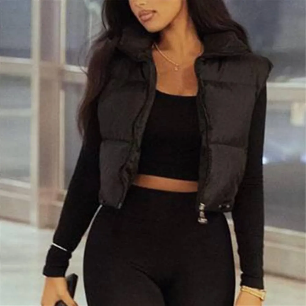 HOULENGS Women's Stand Collar Reversible Crop Padded Vest Coat Sleeveless Zip Up Puffer Gilet Outerwear