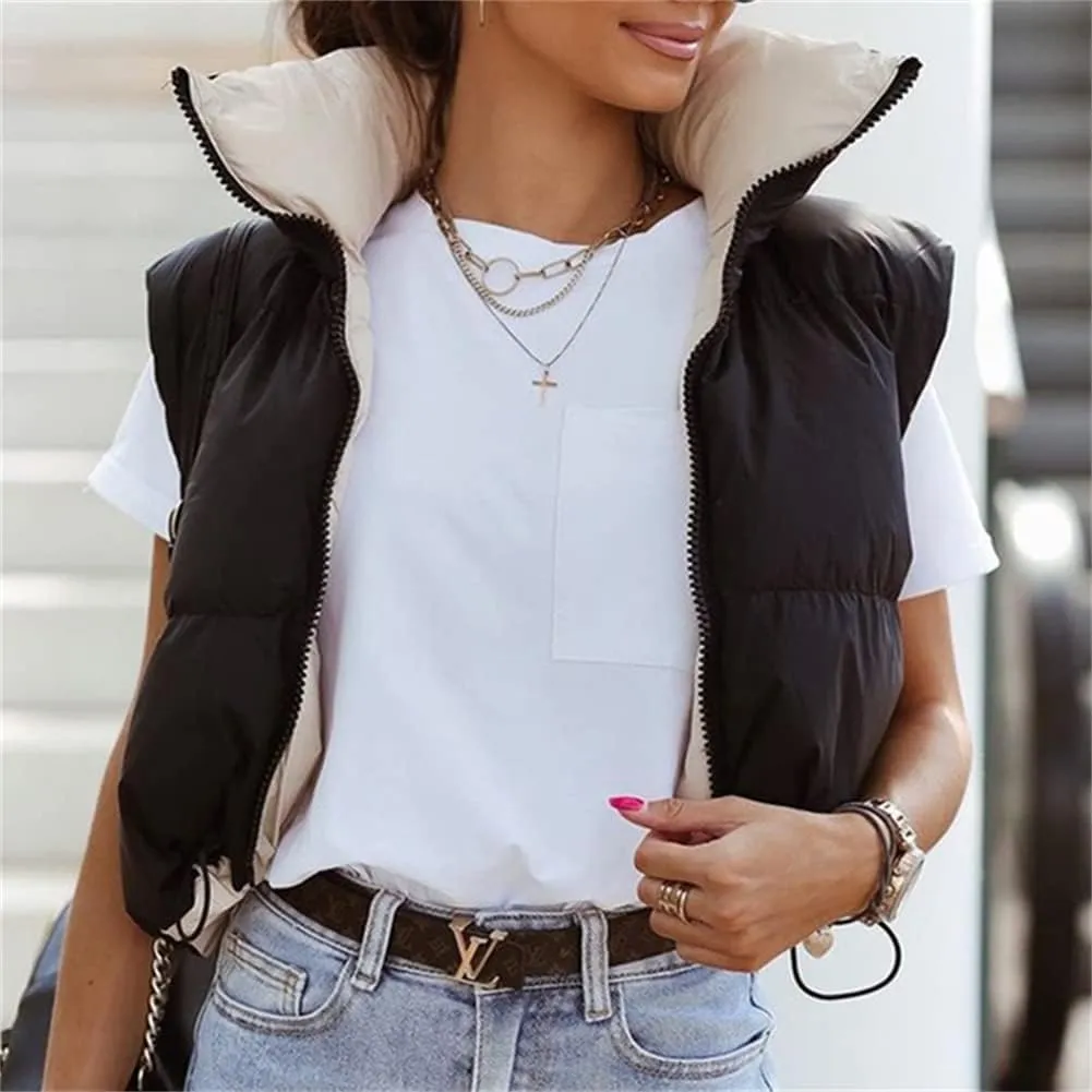 HOULENGS Women's Stand Collar Reversible Crop Padded Vest Coat Sleeveless Zip Up Puffer Gilet Outerwear