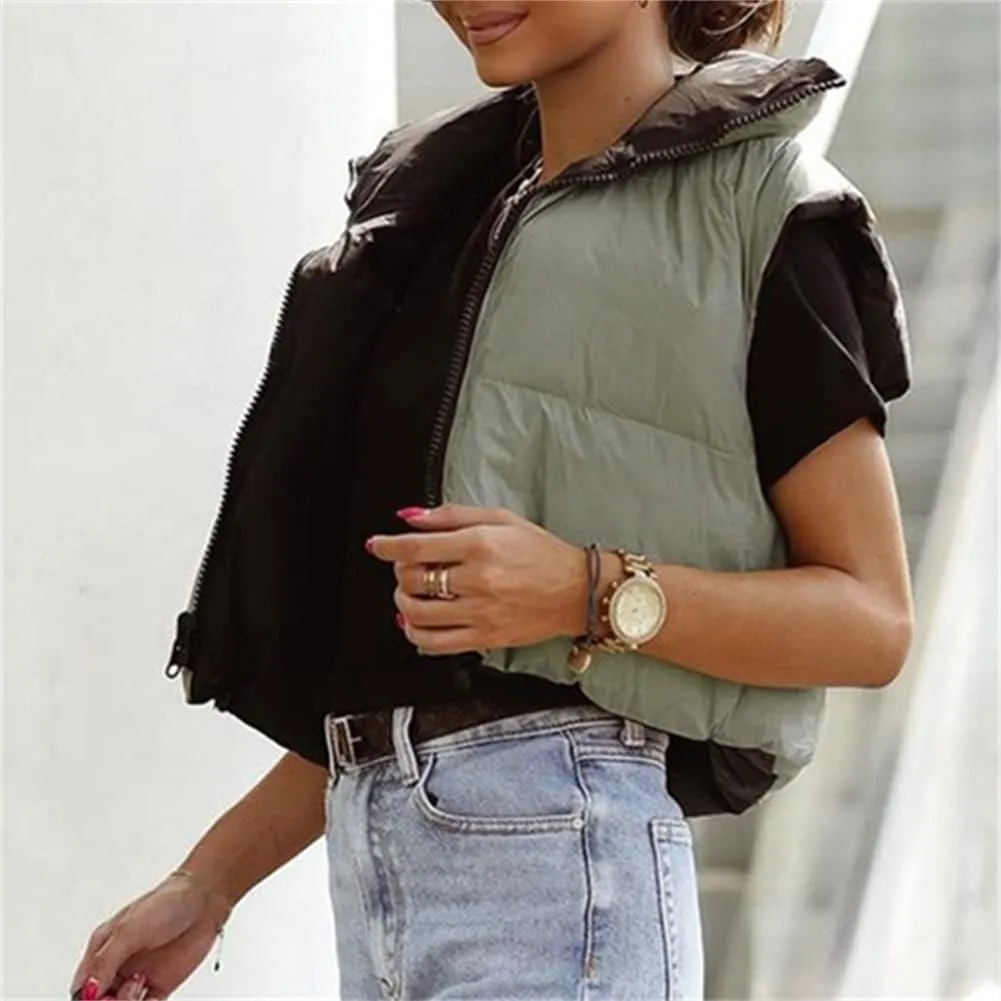HOULENGS Women's Stand Collar Reversible Crop Padded Vest Coat Sleeveless Zip Up Puffer Gilet Outerwear