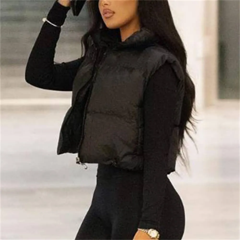 HOULENGS Women's Stand Collar Reversible Crop Padded Vest Coat Sleeveless Zip Up Puffer Gilet Outerwear