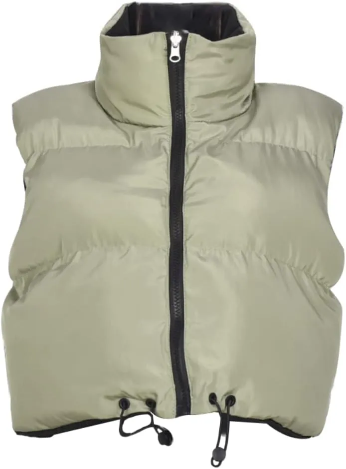 HOULENGS Women's Stand Collar Reversible Crop Padded Vest Coat Sleeveless Zip Up Puffer Gilet Outerwear