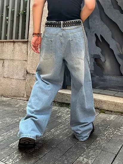 HUNGSON Mens Baggy Jeans for Men Women Wide Leg Denim Pants Casual Loose Fit Long Trousers Streetwear Hip Hop Jeans