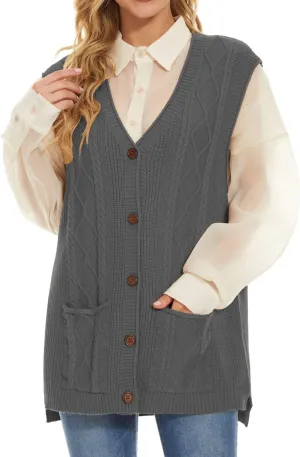 Hyipels Women's Sweater Vest,Long Cable Loose Knitted Sleeveless V Neck Casual Sweaters Tank Top S~XL