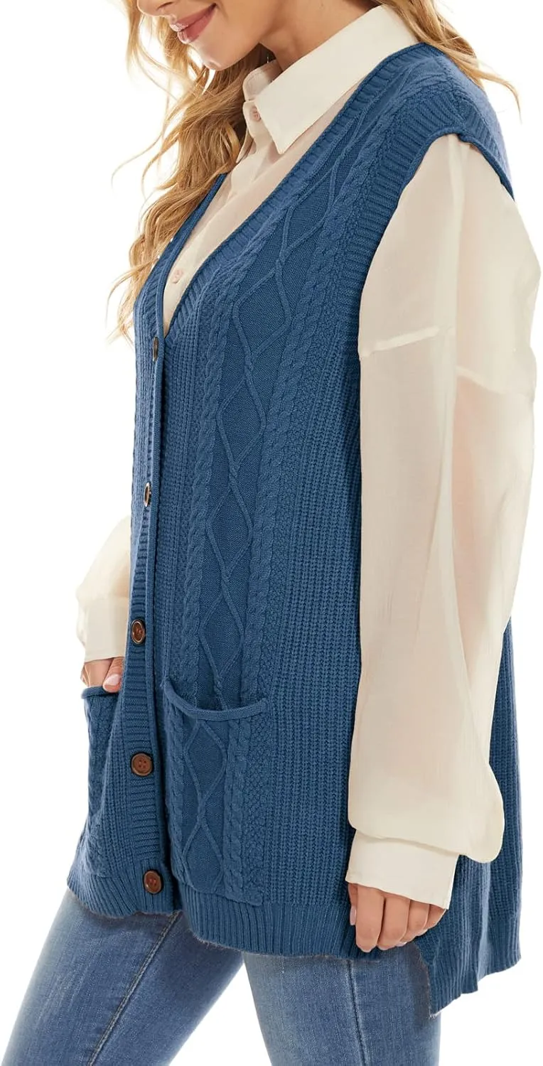 Hyipels Women's Sweater Vest,Long Cable Loose Knitted Sleeveless V Neck Casual Sweaters Tank Top S~XL