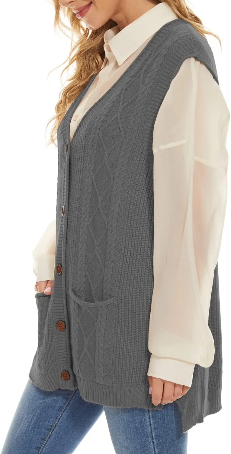 Hyipels Women's Sweater Vest,Long Cable Loose Knitted Sleeveless V Neck Casual Sweaters Tank Top S~XL