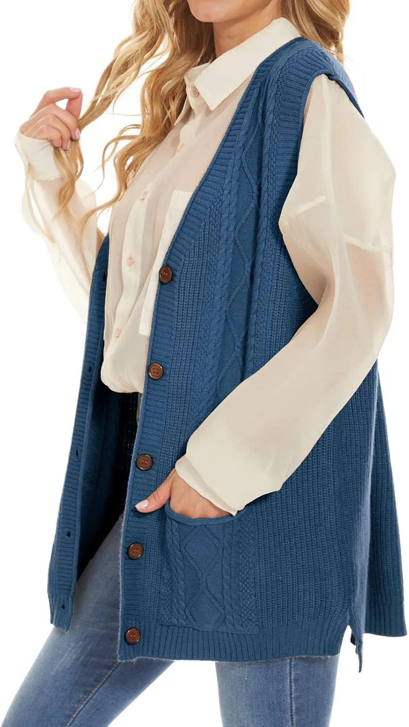 Hyipels Women's Sweater Vest,Long Cable Loose Knitted Sleeveless V Neck Casual Sweaters Tank Top S~XL