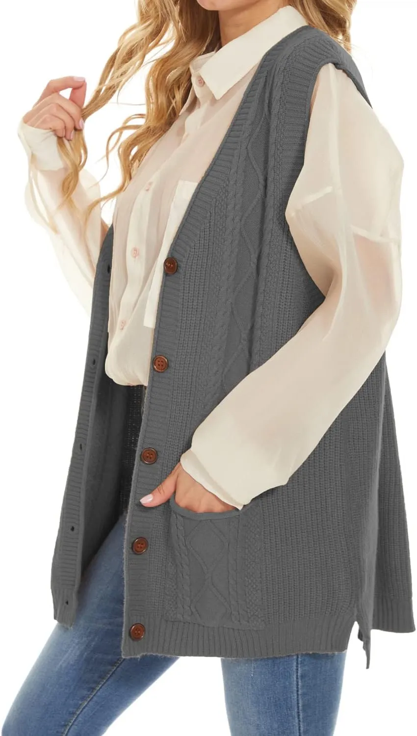 Hyipels Women's Sweater Vest,Long Cable Loose Knitted Sleeveless V Neck Casual Sweaters Tank Top S~XL