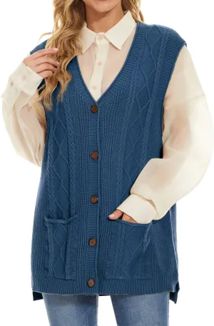 Hyipels Women's Sweater Vest,Long Cable Loose Knitted Sleeveless V Neck Casual Sweaters Tank Top S~XL
