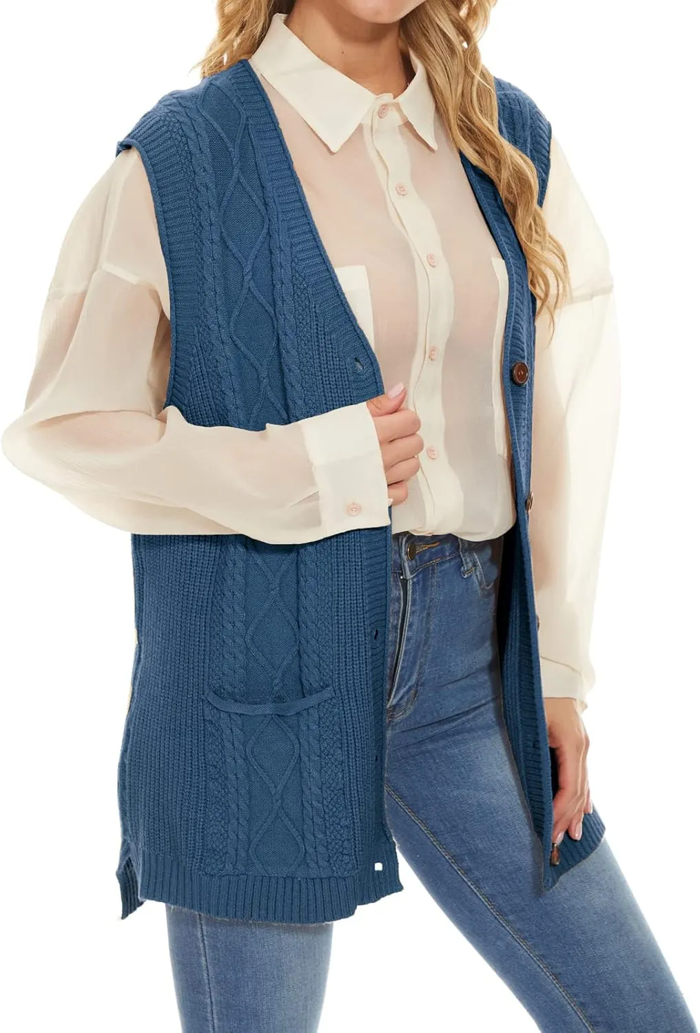 Hyipels Women's Sweater Vest,Long Cable Loose Knitted Sleeveless V Neck Casual Sweaters Tank Top S~XL