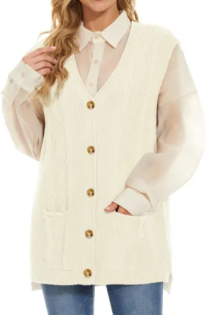 Hyipels Women's Sweater Vest,Long Cable Loose Knitted Sleeveless V Neck Casual Sweaters Tank Top S~XL