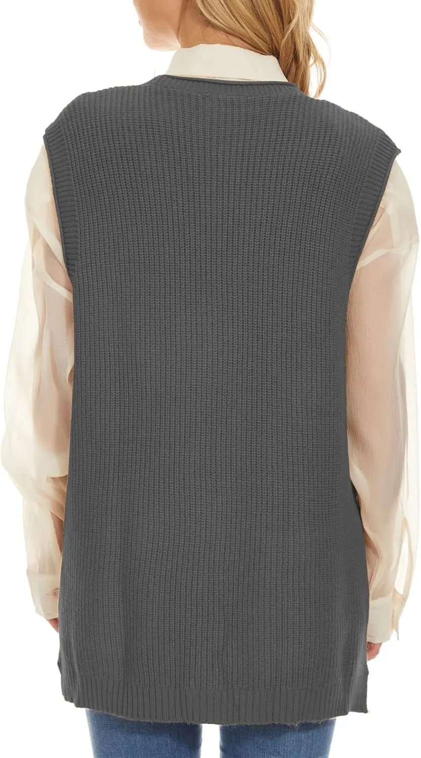 Hyipels Women's Sweater Vest,Long Cable Loose Knitted Sleeveless V Neck Casual Sweaters Tank Top S~XL