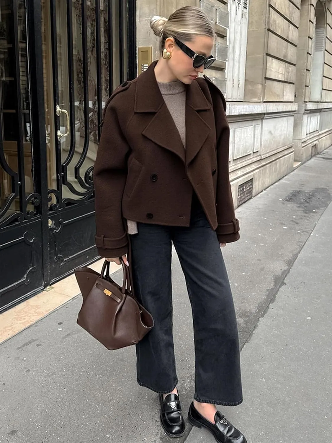IDEALSANXUN Cropped Wool Trench Coats for Women 2024 Fall Winter Double Breasted Crop Pea Coat Blazer Jacket Overcoat