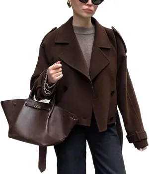 IDEALSANXUN Cropped Wool Trench Coats for Women 2024 Fall Winter Double Breasted Crop Pea Coat Blazer Jacket Overcoat