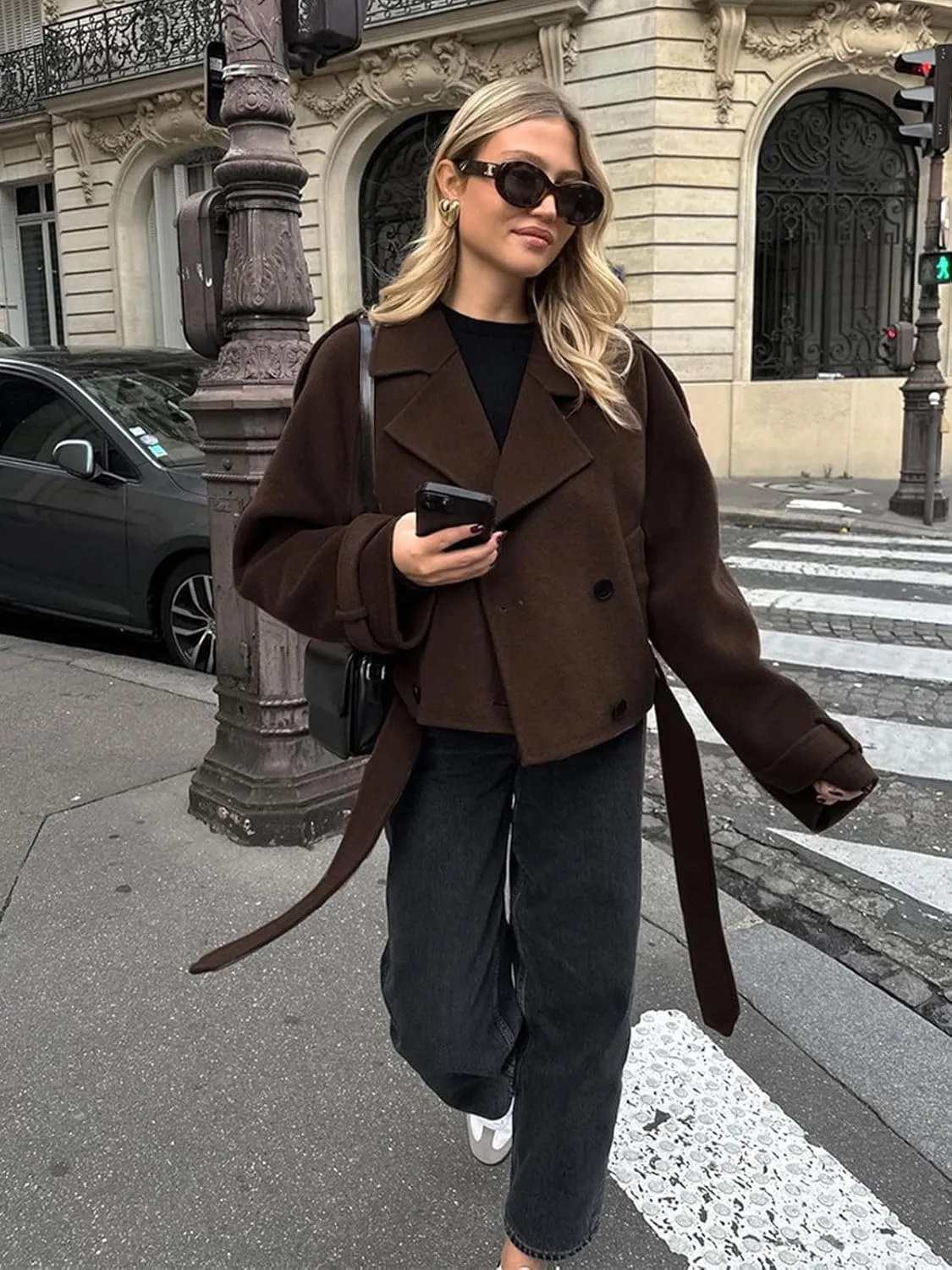 IDEALSANXUN Cropped Wool Trench Coats for Women 2024 Fall Winter Double Breasted Crop Pea Coat Blazer Jacket Overcoat