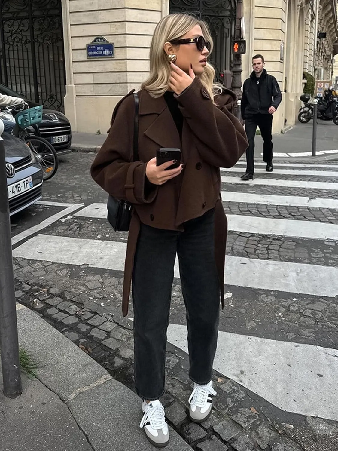 IDEALSANXUN Cropped Wool Trench Coats for Women 2024 Fall Winter Double Breasted Crop Pea Coat Blazer Jacket Overcoat