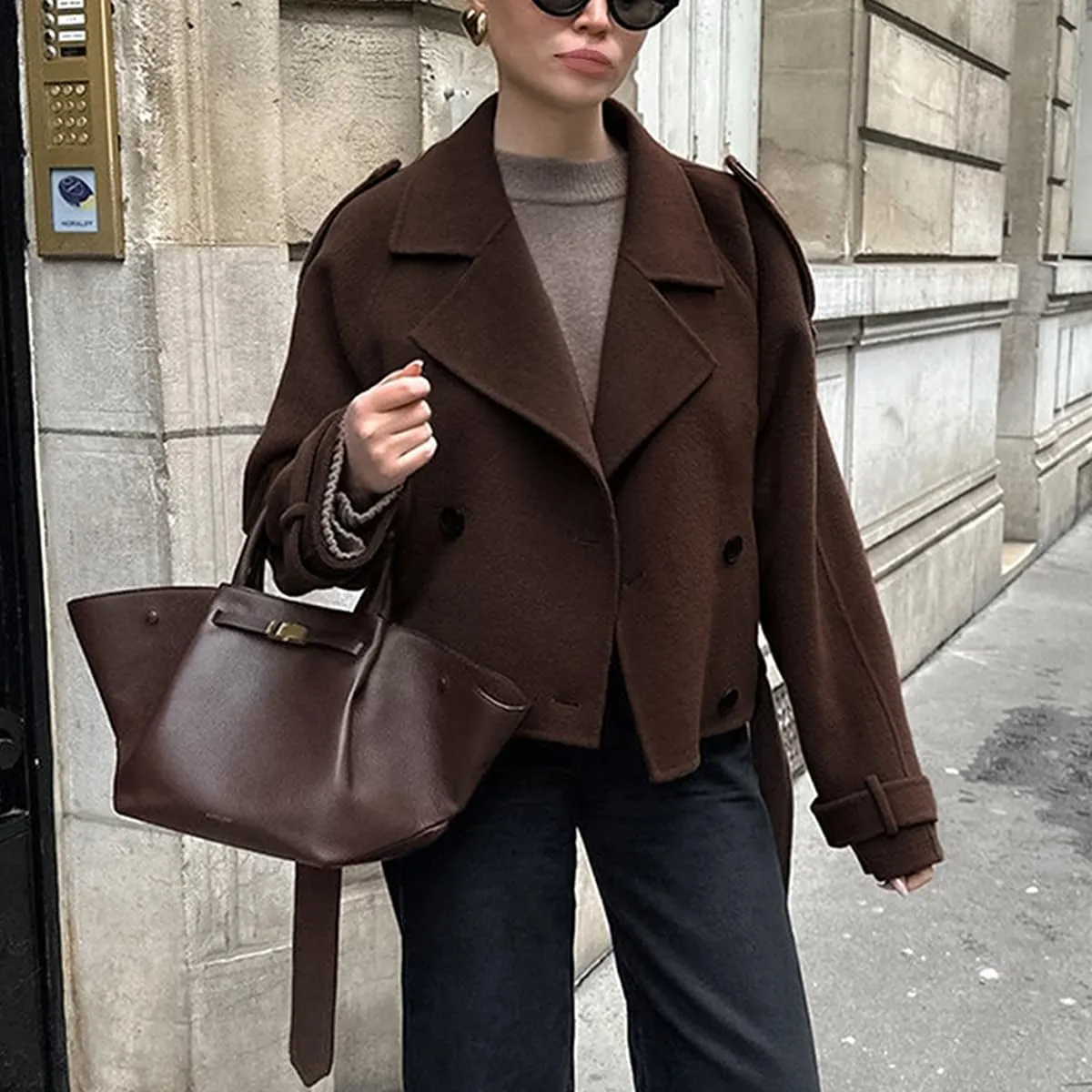 IDEALSANXUN Cropped Wool Trench Coats for Women 2024 Fall Winter Double Breasted Crop Pea Coat Blazer Jacket Overcoat