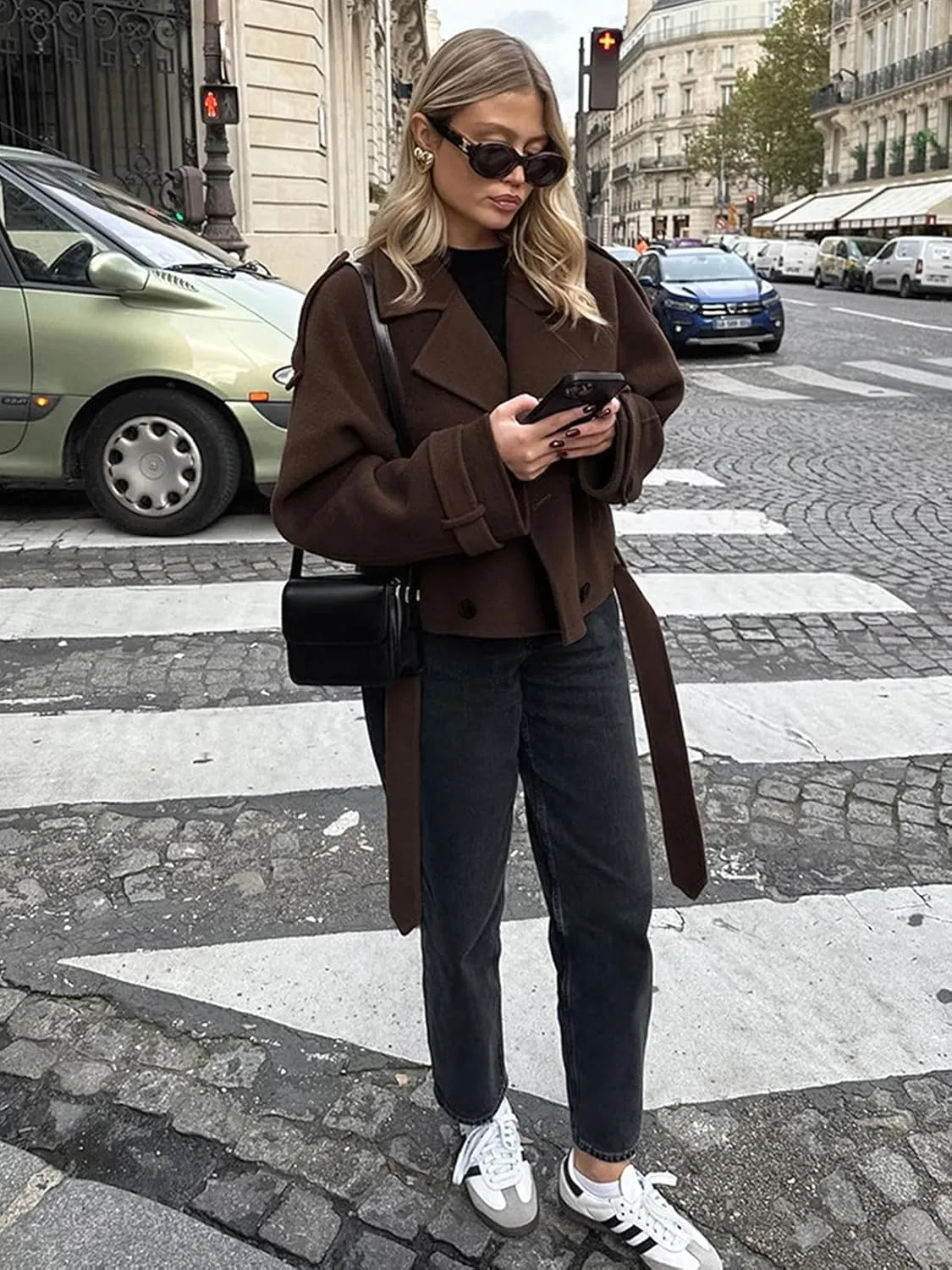 IDEALSANXUN Cropped Wool Trench Coats for Women 2024 Fall Winter Double Breasted Crop Pea Coat Blazer Jacket Overcoat