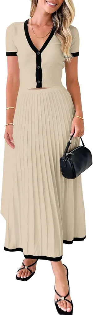 Imily Bela Womens 2 Piece Sweater Outfits Sets Short Sleeve V Neck Crop Top Knit Midi Long Pleated Skirt Dresses