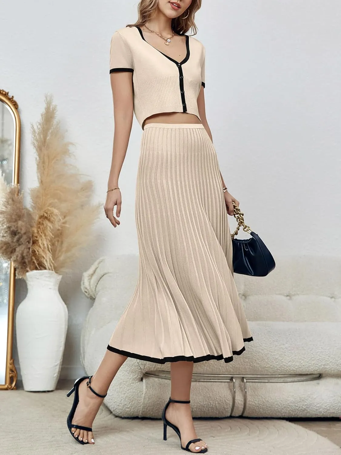 Imily Bela Womens 2 Piece Sweater Outfits Sets Short Sleeve V Neck Crop Top Knit Midi Long Pleated Skirt Dresses