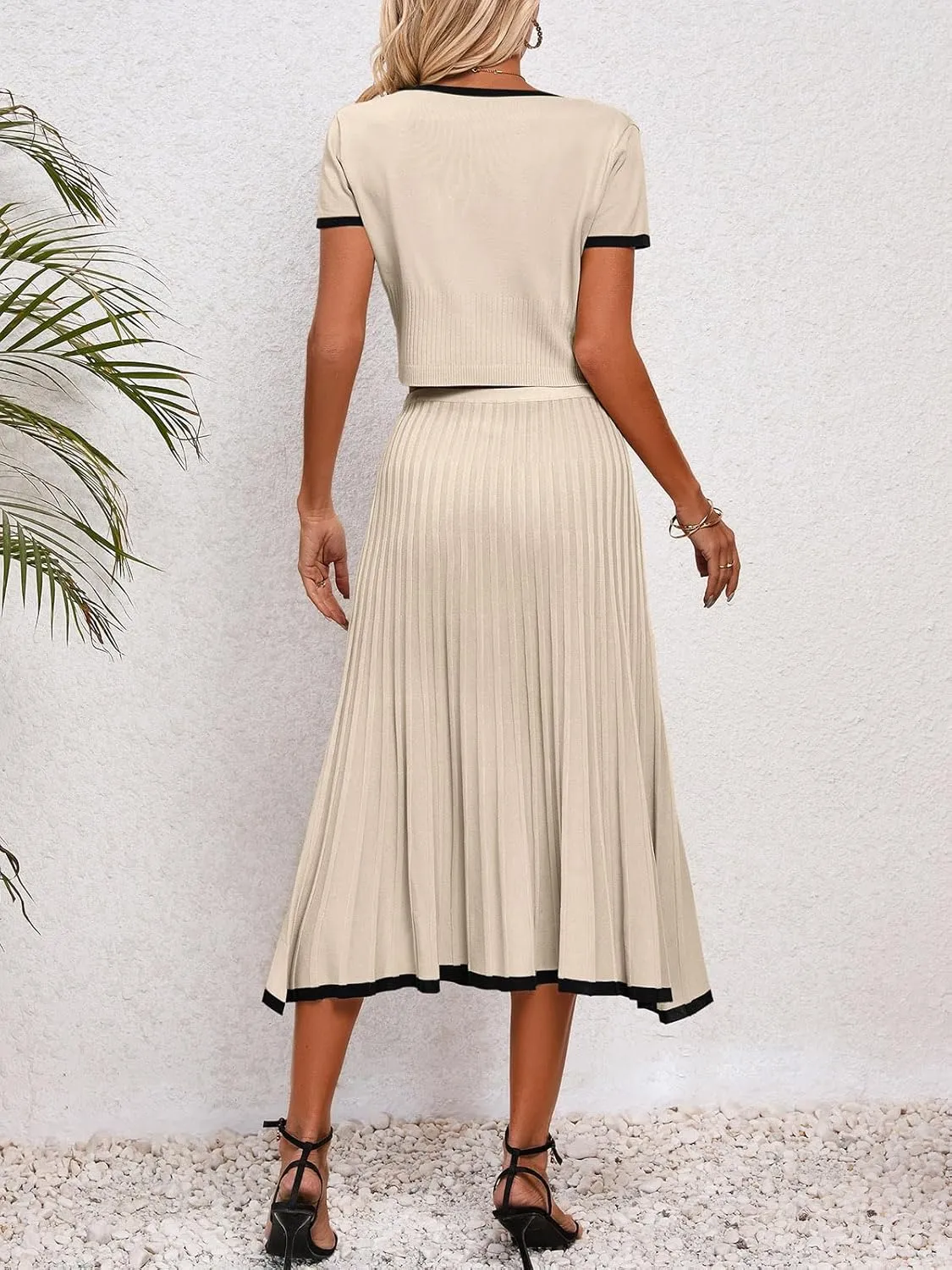Imily Bela Womens 2 Piece Sweater Outfits Sets Short Sleeve V Neck Crop Top Knit Midi Long Pleated Skirt Dresses