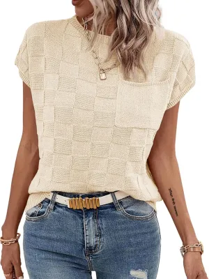 Imily Bela Womens Cap Sleeve Sweater Sleeveless Crewneck Checkered Casual Loose Fit Knit Shirts Pullover Tops