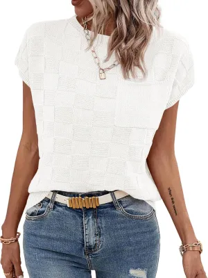 Imily Bela Womens Cap Sleeve Sweater Sleeveless Crewneck Checkered Casual Loose Fit Knit Shirts Pullover Tops