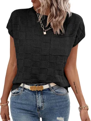 Imily Bela Womens Cap Sleeve Sweater Sleeveless Crewneck Checkered Casual Loose Fit Knit Shirts Pullover Tops