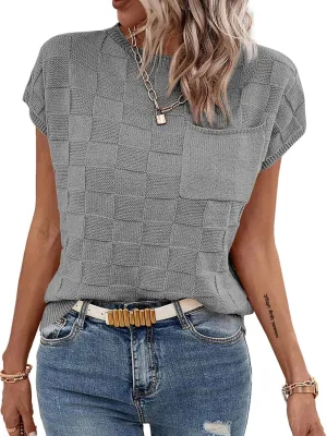 Imily Bela Womens Cap Sleeve Sweater Sleeveless Crewneck Checkered Casual Loose Fit Knit Shirts Pullover Tops