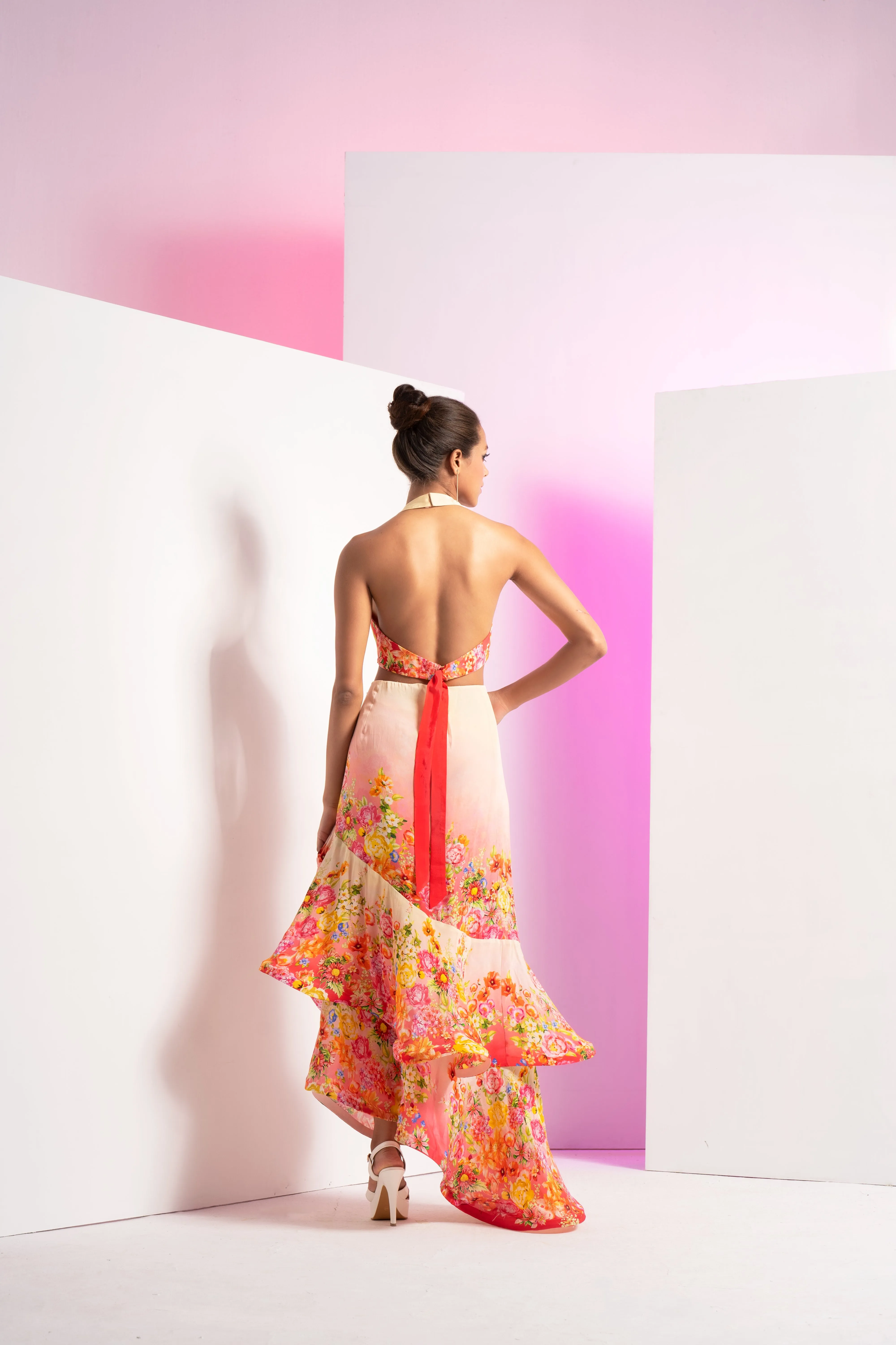 Ivory dainty floret asymmetric dress with back tie up