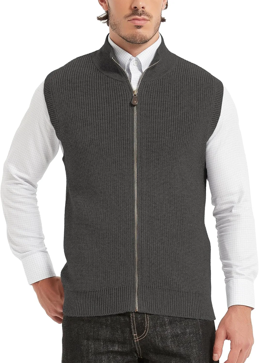 Kallspin Mens Thick Wool Blend Sleeveless Cardigans Full Zip Up Knitted Sweater Vest Casual Outerwear