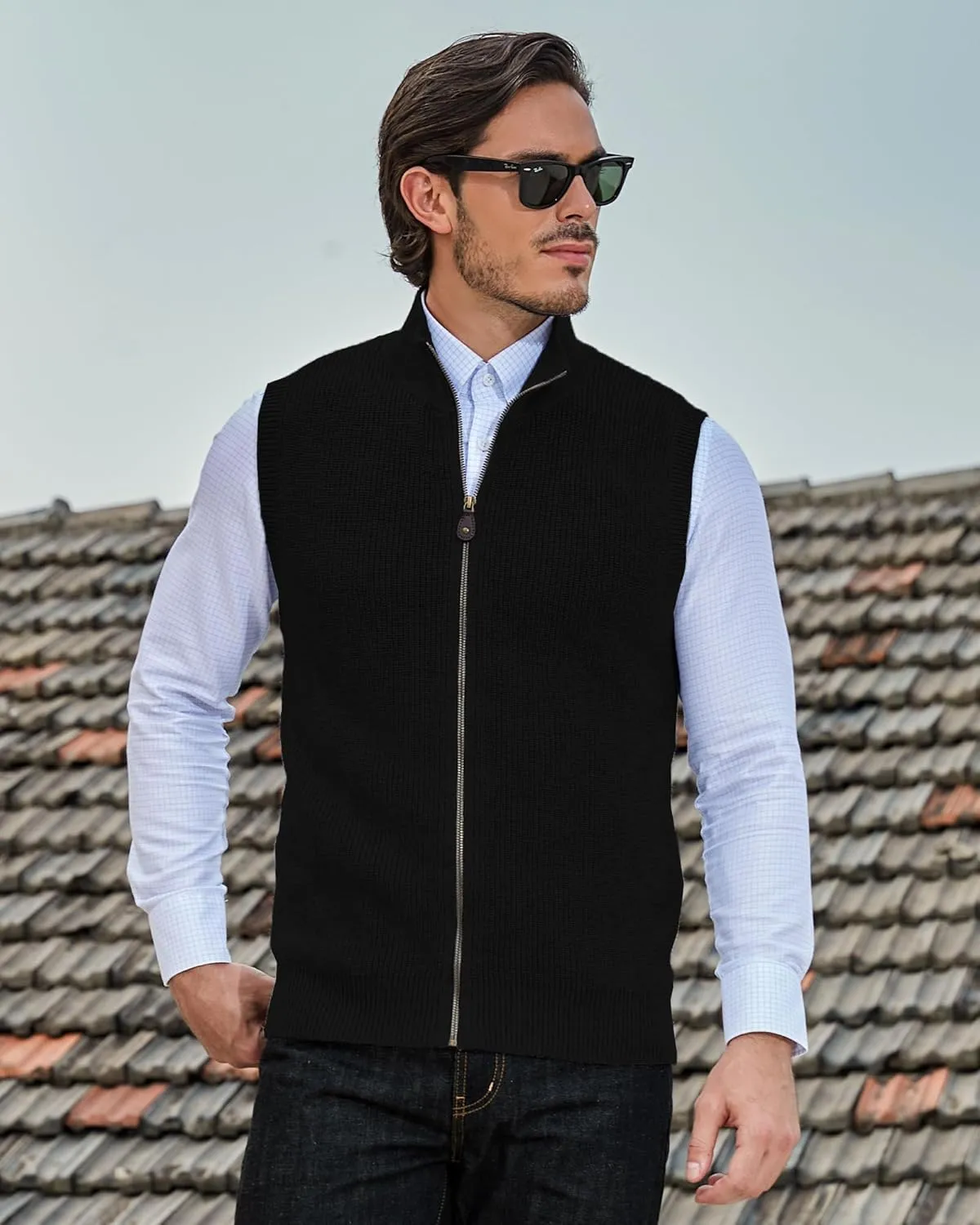 Kallspin Mens Thick Wool Blend Sleeveless Cardigans Full Zip Up Knitted Sweater Vest Casual Outerwear
