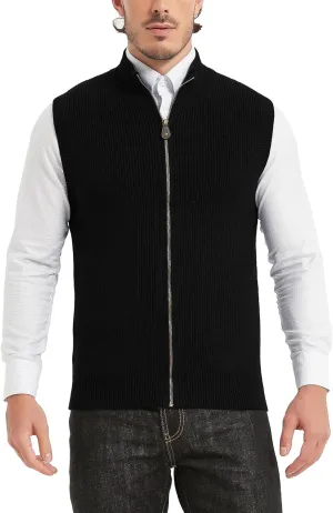 Kallspin Mens Thick Wool Blend Sleeveless Cardigans Full Zip Up Knitted Sweater Vest Casual Outerwear