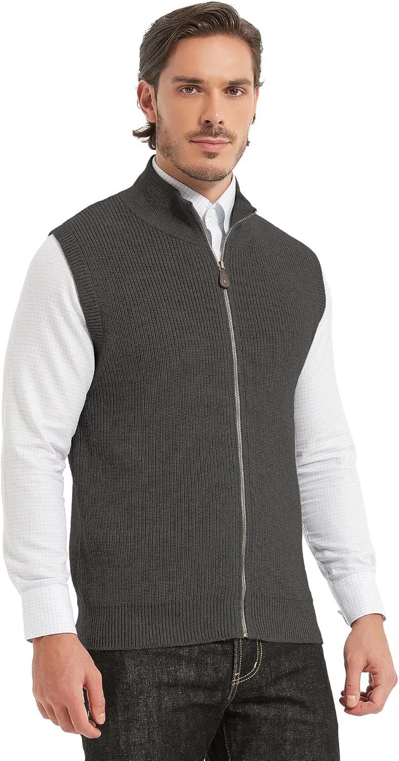 Kallspin Mens Thick Wool Blend Sleeveless Cardigans Full Zip Up Knitted Sweater Vest Casual Outerwear