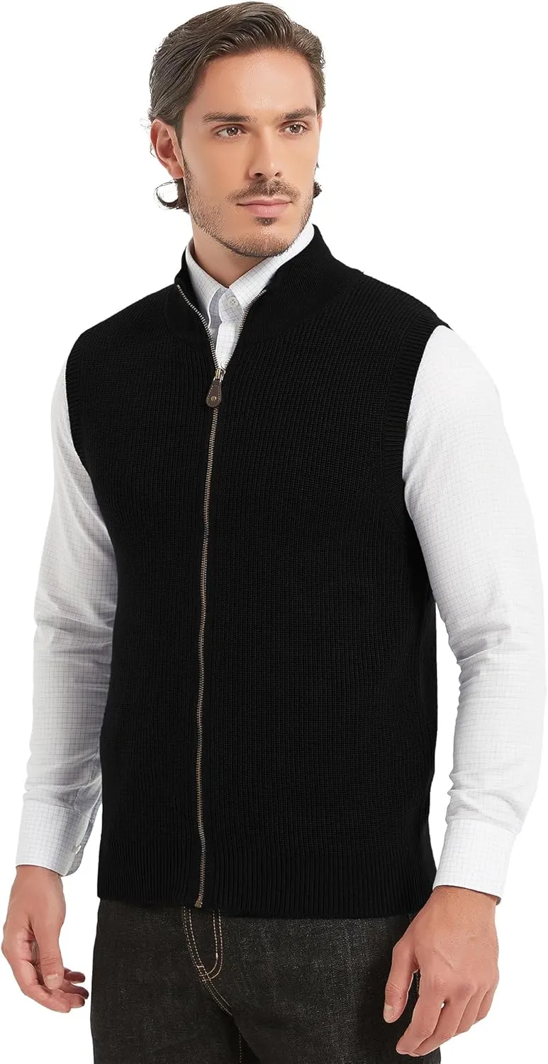 Kallspin Mens Thick Wool Blend Sleeveless Cardigans Full Zip Up Knitted Sweater Vest Casual Outerwear
