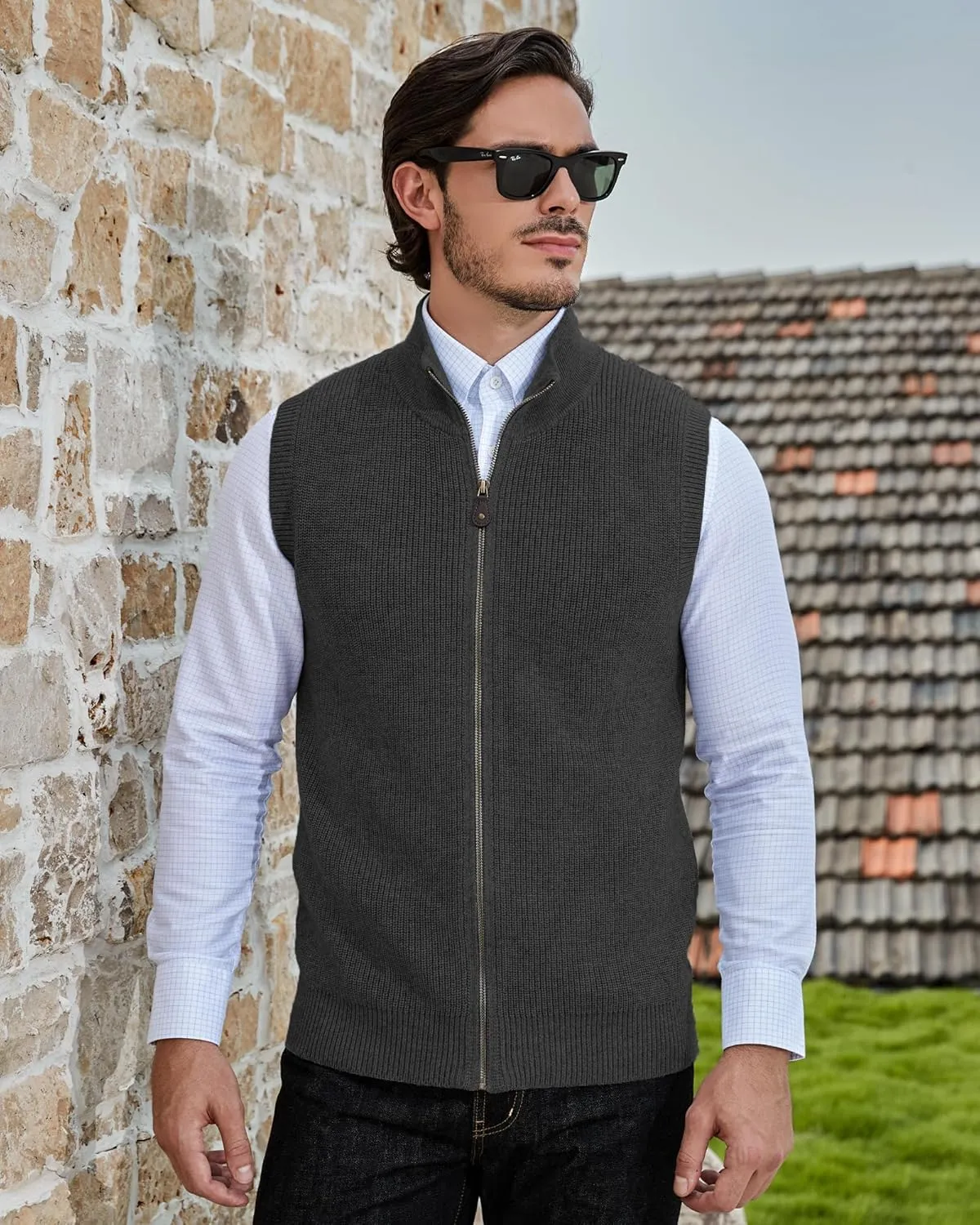 Kallspin Mens Thick Wool Blend Sleeveless Cardigans Full Zip Up Knitted Sweater Vest Casual Outerwear