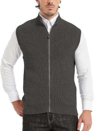 Kallspin Mens Thick Wool Blend Sleeveless Cardigans Full Zip Up Knitted Sweater Vest Casual Outerwear