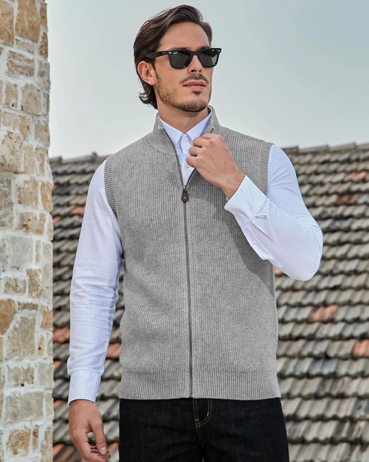 Kallspin Mens Thick Wool Blend Sleeveless Cardigans Full Zip Up Knitted Sweater Vest Casual Outerwear