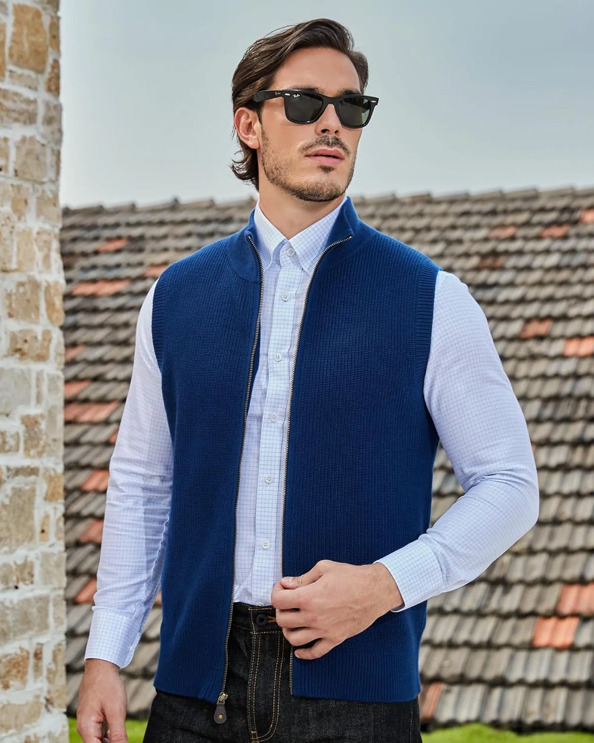Kallspin Mens Thick Wool Blend Sleeveless Cardigans Full Zip Up Knitted Sweater Vest Casual Outerwear