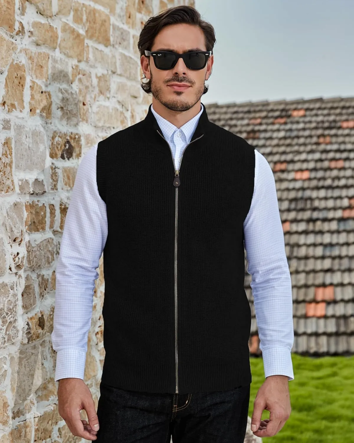 Kallspin Mens Thick Wool Blend Sleeveless Cardigans Full Zip Up Knitted Sweater Vest Casual Outerwear