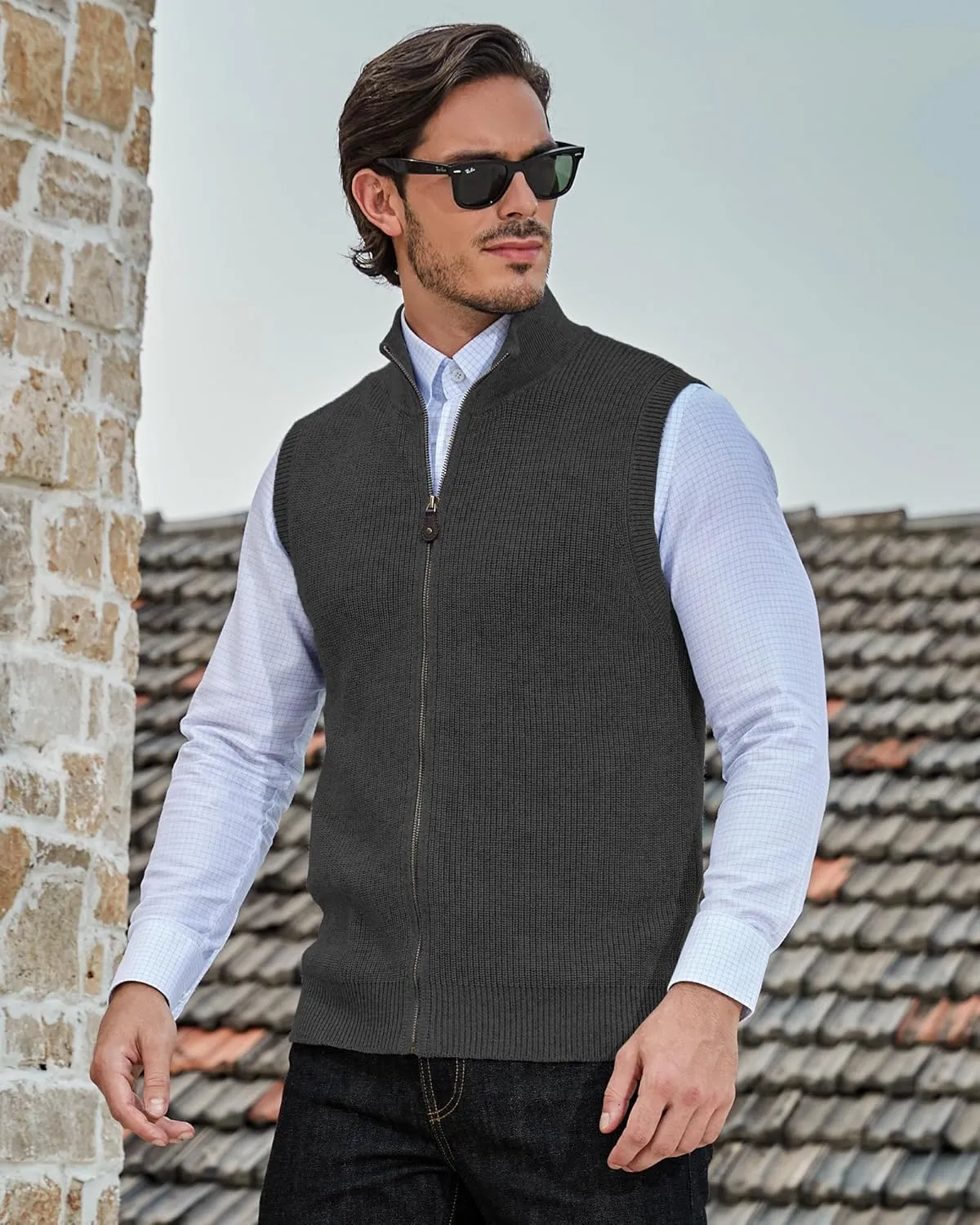 Kallspin Mens Thick Wool Blend Sleeveless Cardigans Full Zip Up Knitted Sweater Vest Casual Outerwear