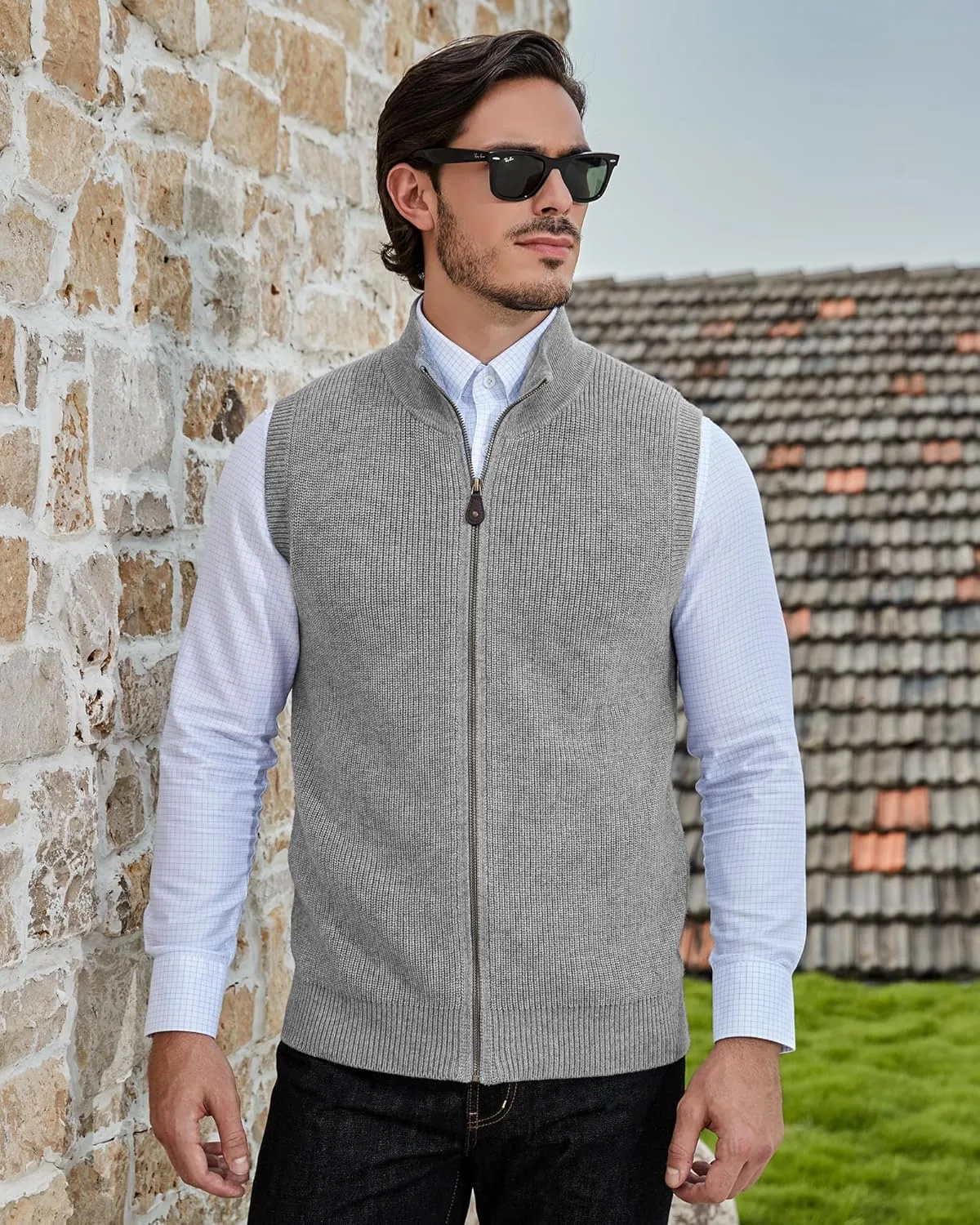 Kallspin Mens Thick Wool Blend Sleeveless Cardigans Full Zip Up Knitted Sweater Vest Casual Outerwear