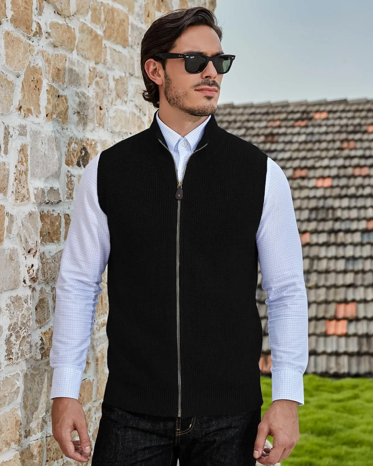 Kallspin Mens Thick Wool Blend Sleeveless Cardigans Full Zip Up Knitted Sweater Vest Casual Outerwear