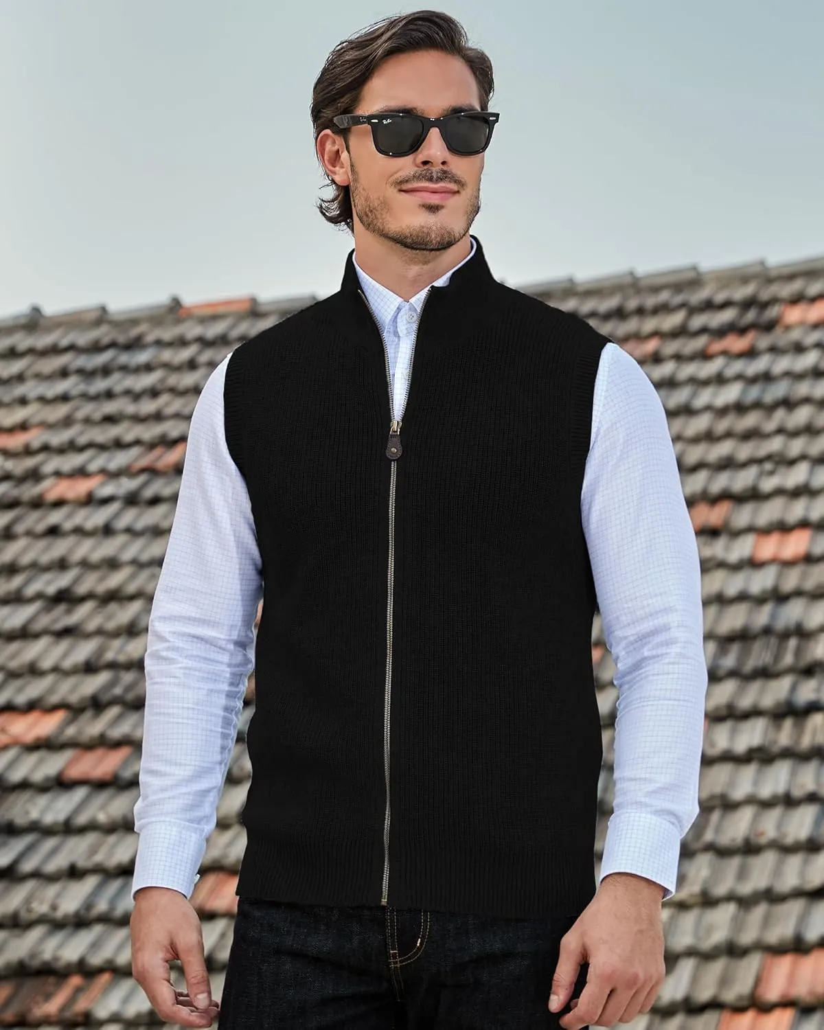 Kallspin Mens Thick Wool Blend Sleeveless Cardigans Full Zip Up Knitted Sweater Vest Casual Outerwear