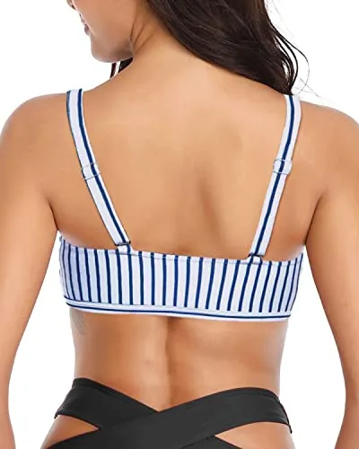 Keyhole Sexy Design Ruffle Flounce Swimsuit Top-Blue Stripe