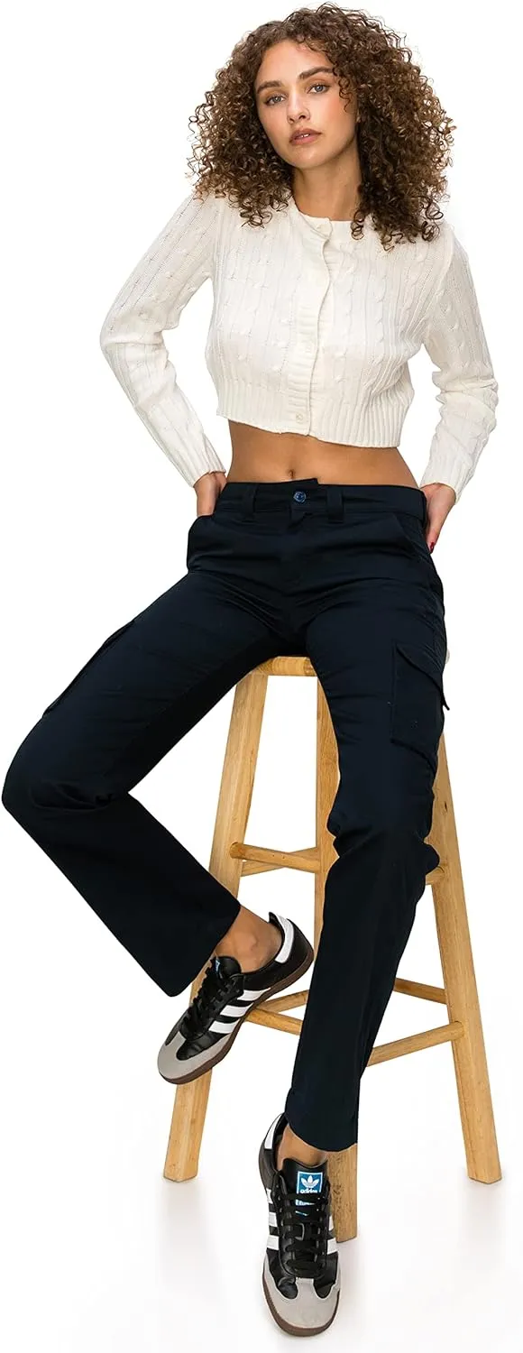 KHAKI & BLUE Women's Work Pants  Mid Rise Relaxed Fit Straight Leg Cargo Casual Trousers with Multi Pockets