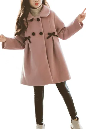 Kids Girls Dress Coat Bow Pleated Double Breasted Pea Coat Wool Blend Over Coats Long Jackets Fall/Winter Outerwear