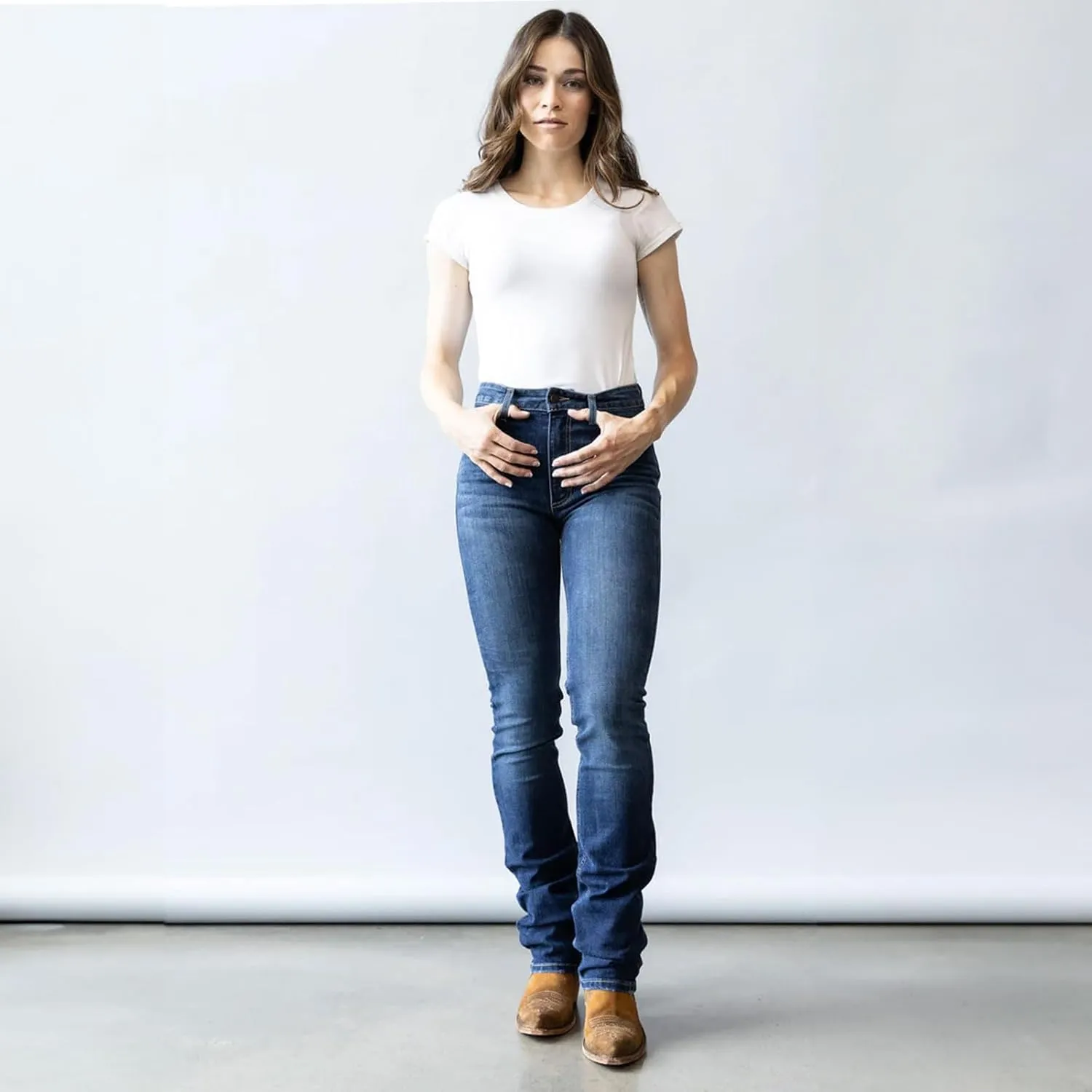 Kimes Ranch Women's Sarah Casual Durable Western High Rise Waist & Slim Bootcut Dark Wash Blue Tri-Blend Denim Jeans