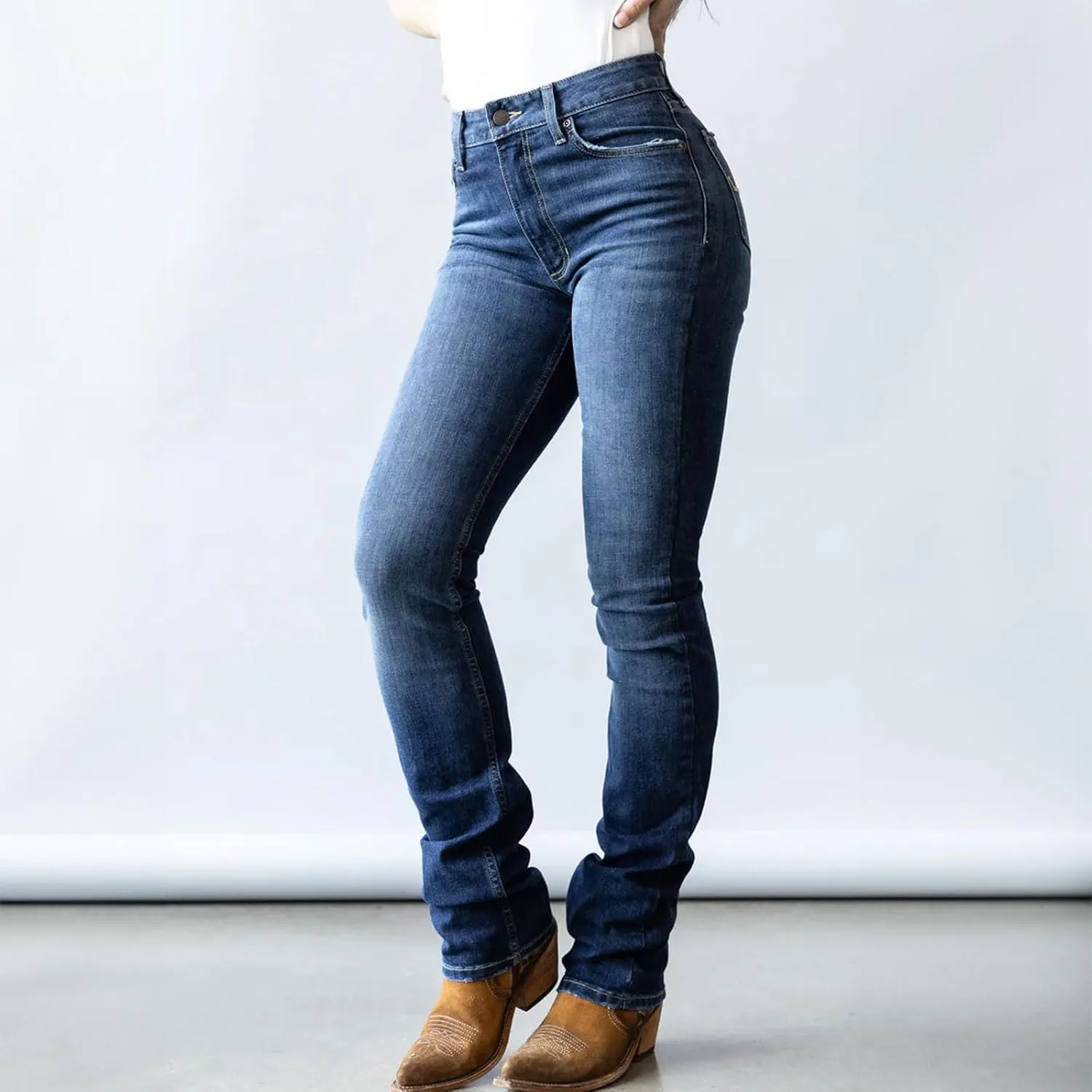 Kimes Ranch Women's Sarah Casual Durable Western High Rise Waist & Slim Bootcut Dark Wash Blue Tri-Blend Denim Jeans